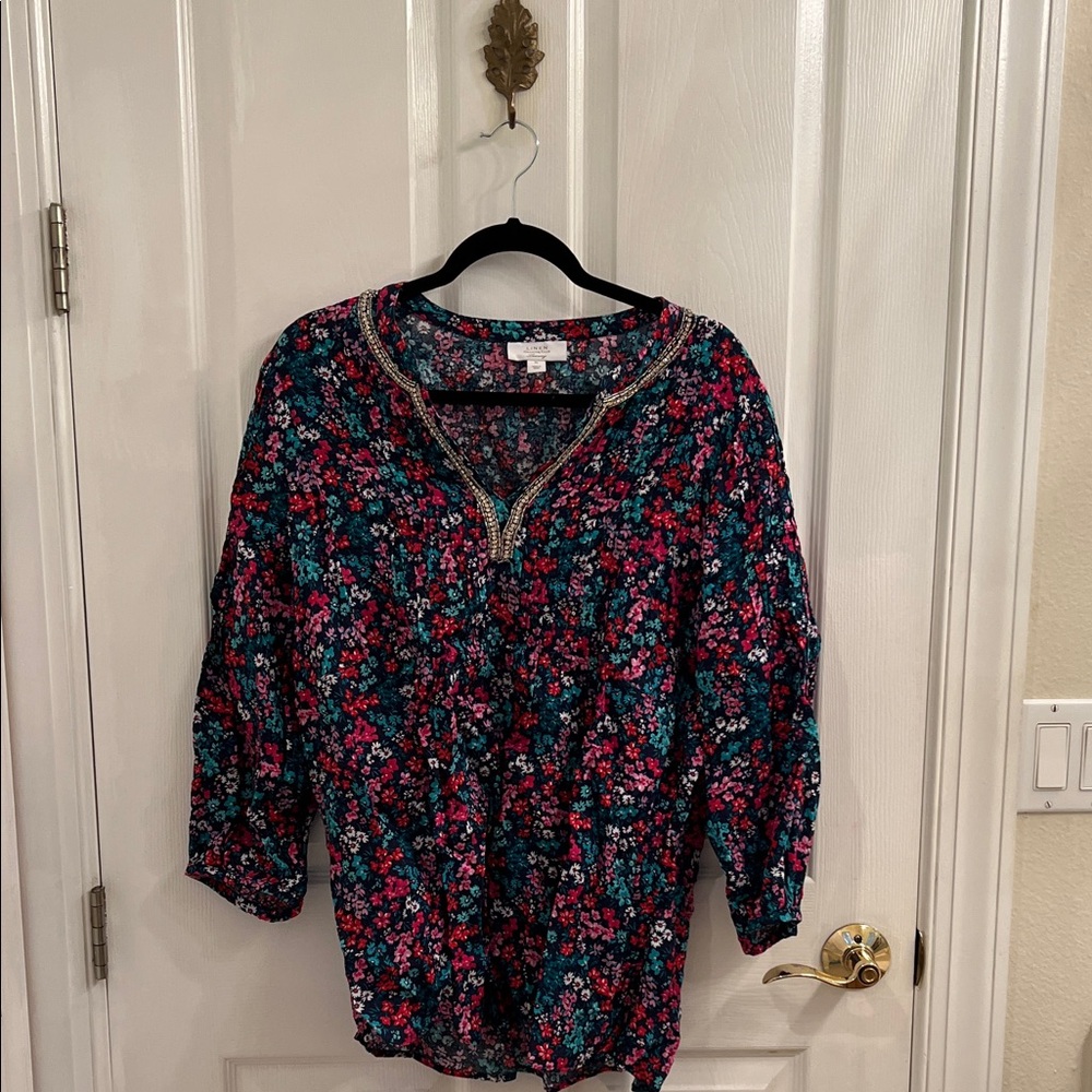 Floral V-Neck Blouse with Embellished Neckline